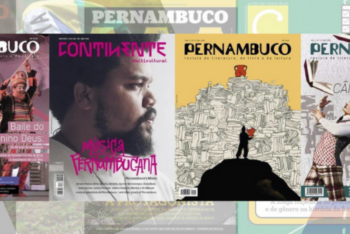 A photo montage featuring Continente and Pernambuco magazines. The newer issues are displayed in the front, while the older ones are positioned in the background