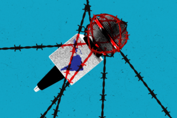 Illustration depicting a bloody microphone entangled in a knot of barbed wire.