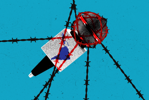 Illustration depicting a bloody microphone entangled in a knot of barbed wire.