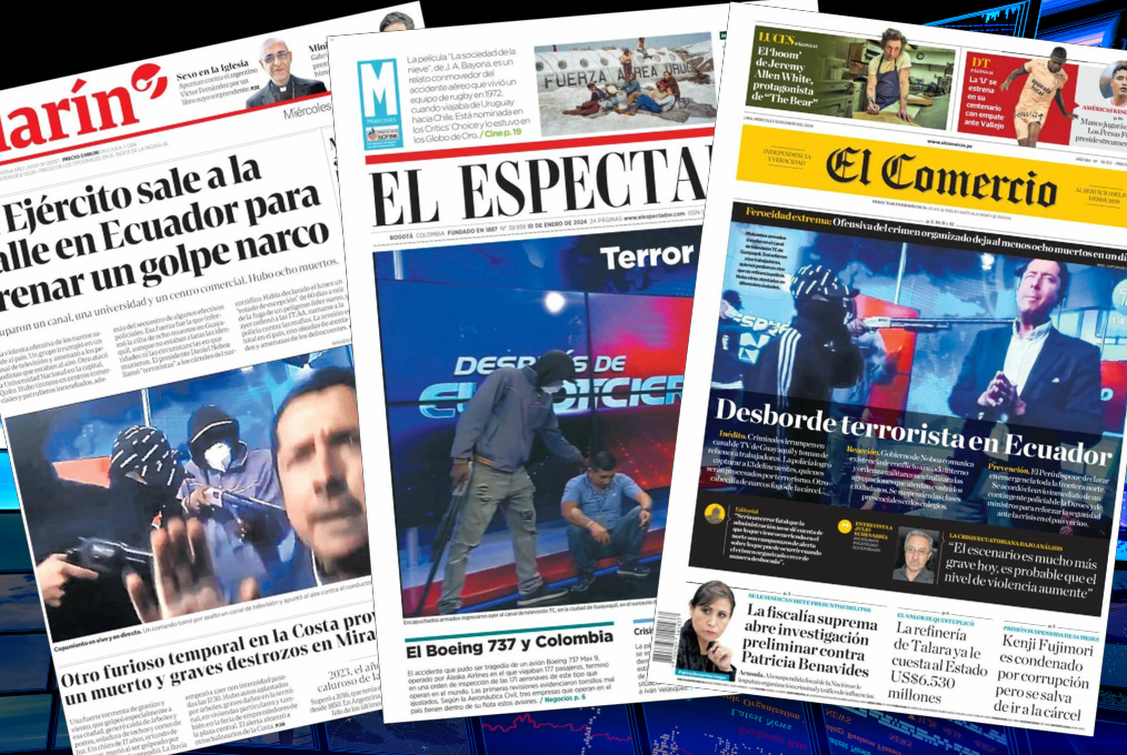 Covers of different newspapers show the news about the violent attack to TC Televisión studios in Ecuador. 