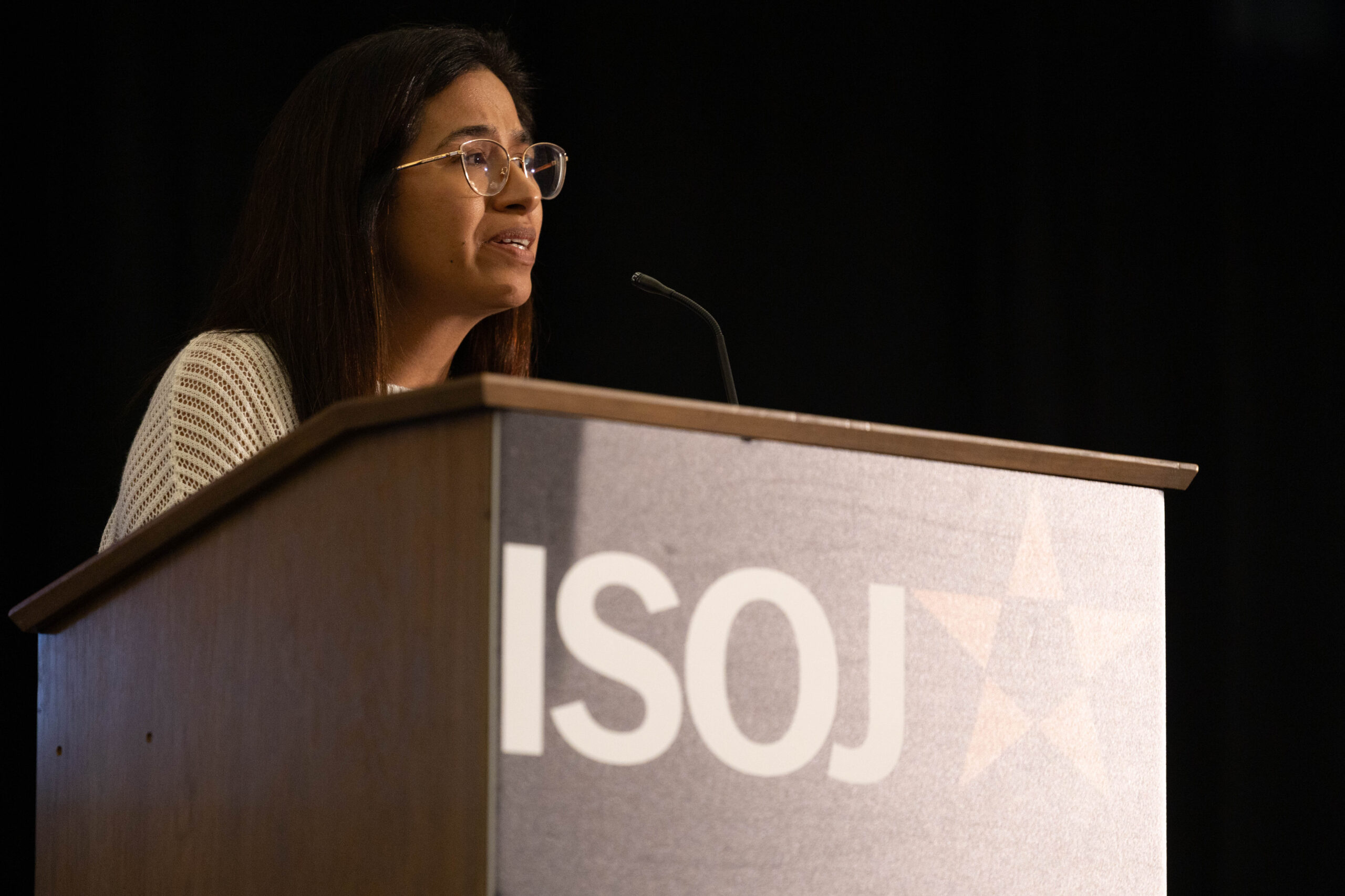 Peruvian journalist Romina Mella speaks during a panel at the International Symposium of Online Journalism, in Austin, Texas.