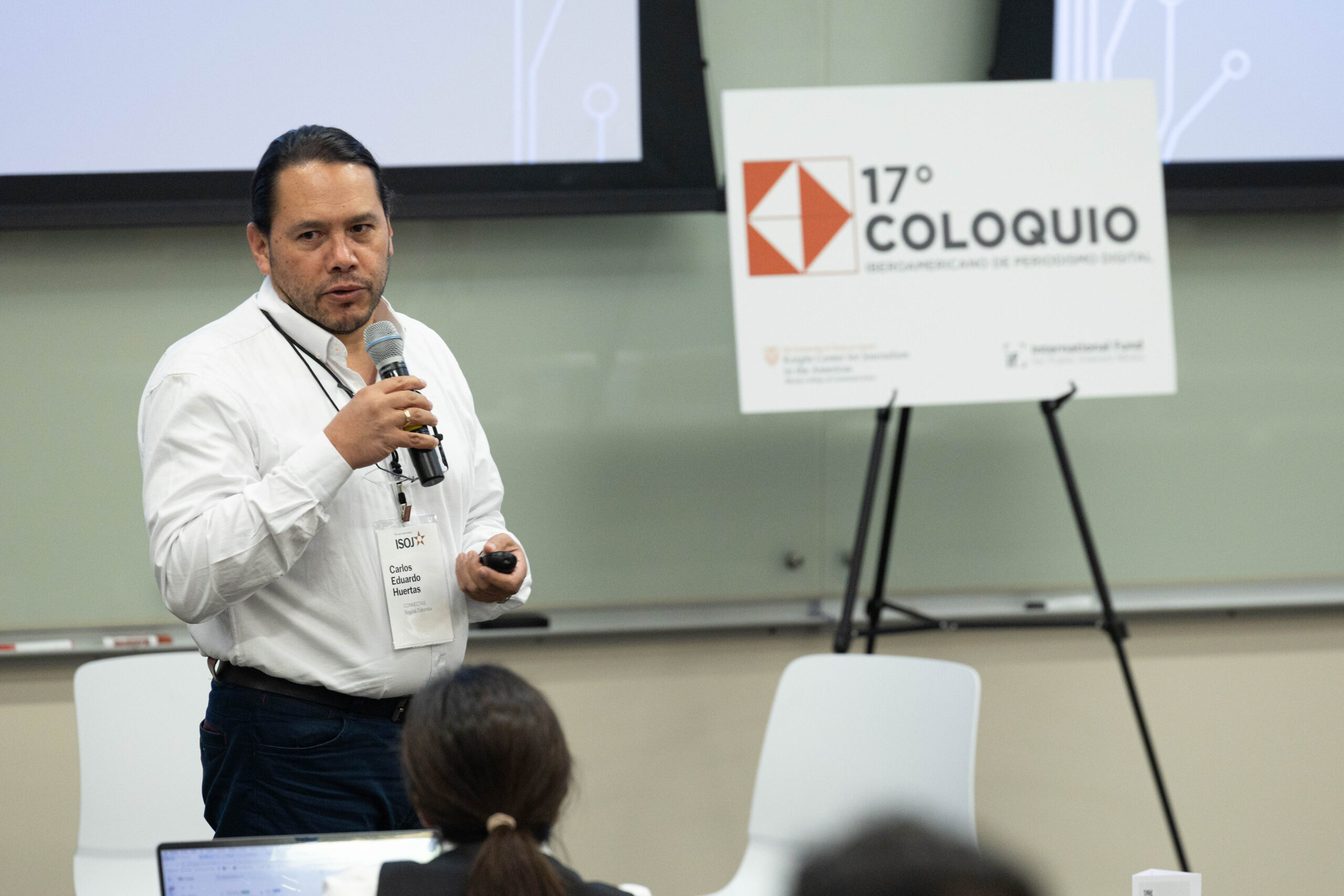 Colombian journalist Carlos Eduardo Huertas speaks during the 17° Ibero-American Colloquium on Digital Journalism, in Austin, Texas.