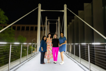 Four women on a bridge