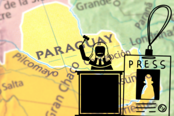 graphics of a press batch and a judge and Paraguay map in the background