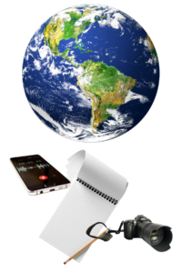 Globe, phone recorder, notebook and camera