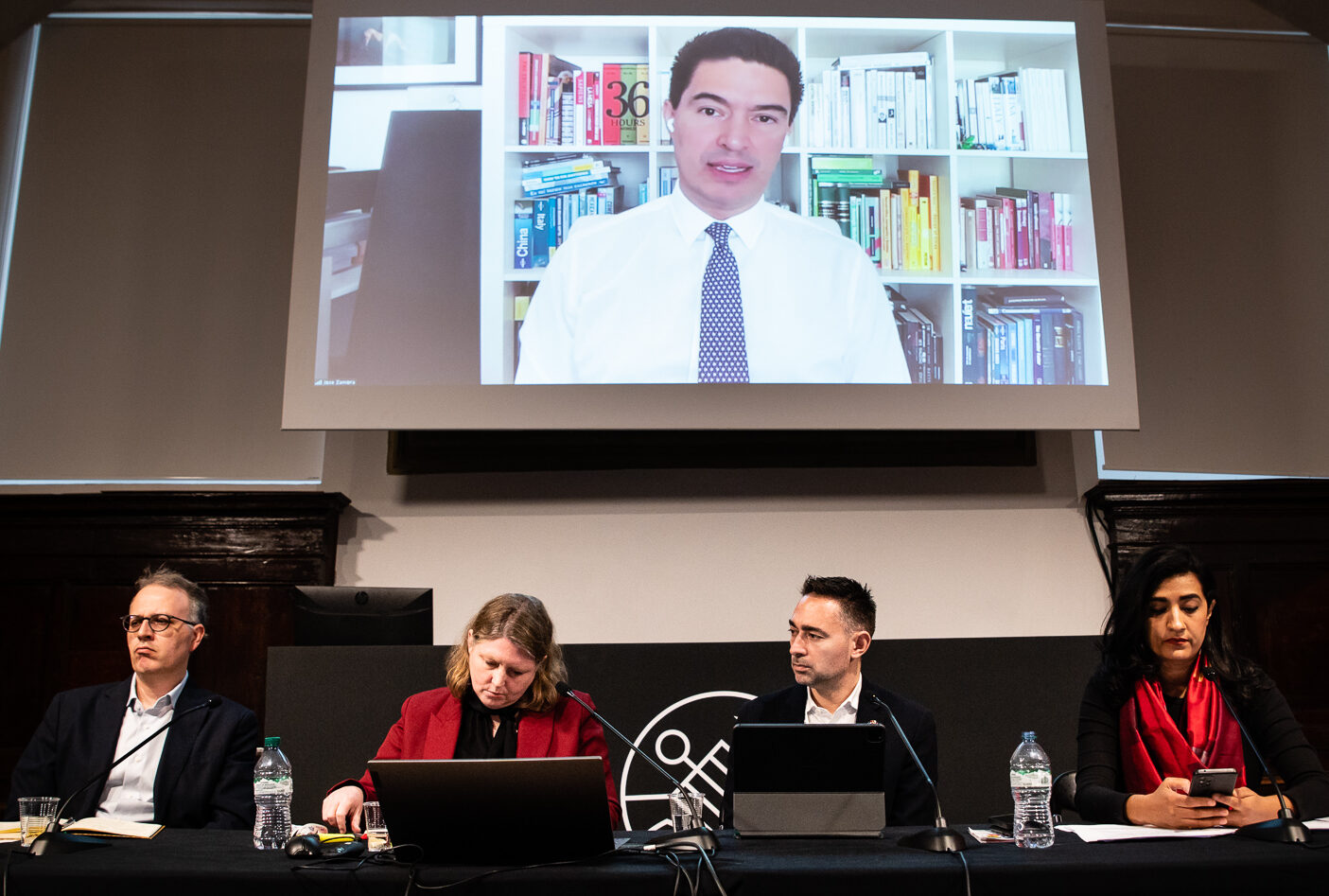 Guatemalan activist José Zamora is seen on a screen during a panel at the International Journalism Festival 2024, in Perugia, Italy.