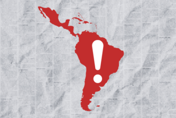 Red map of Latin America with an exclamation point on top