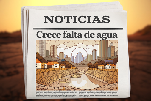 Newspaper cover showing an image of a lagoon in drought, with a blurred background of a desert terrain. (Photo: Canva and AI-generated images with Adobe FireFly)