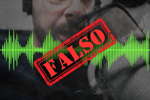 Illustration depicting a stamp of "FAKE" over audio wave lines with a dark background of a man speaking to a radio cabin microphone.