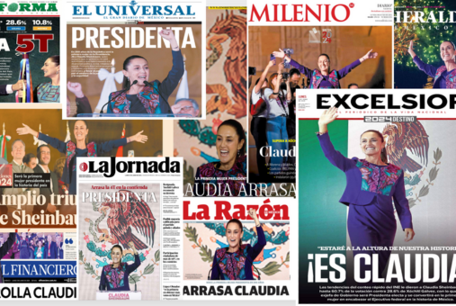 A collage of newspaper covers from the day after the 2024 presidential election in Mexico, with headlines announcing Claudia Sheinbaum's victory