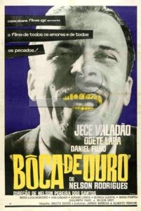 A black and white movie poster that shows a man smiling with golden teeth