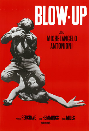A red poster of the film "Blow-Up" by Antonioni, showing a photographer on his knees taking a photo of a murdered woman.