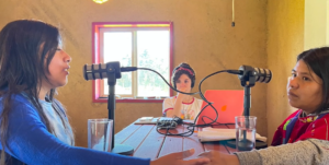 women recording a podcast