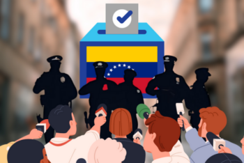 Illustration depicting a group of journalists holding microphones around a ballot box being guarded by silhouettes of police agents.