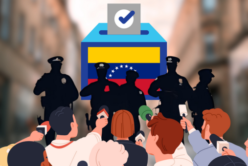 Illustration depicting a group of journalists holding microphones around a ballot box being guarded by silhouettes of police agents.