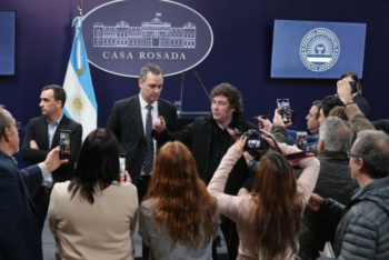 argentine president javier milei speaks to journalists