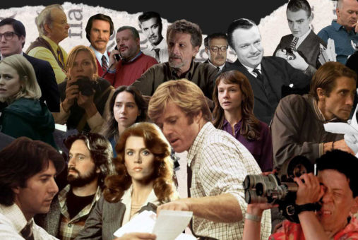 A photo collage of the "Periodistas en el Cine" banner. The image features various actors and actresses who portrayed journalists in movies, showcasing iconic scenes from their respective films