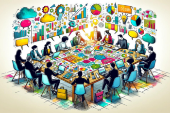 A vibrant and engaging illustration of three diverse consultants from Latin America brainstorming around a large table filled with colorful charts, newspapers, and diagrams