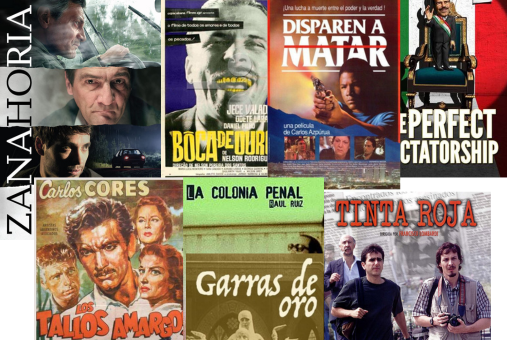 A photocollage of 8 movie posters of films made in Latin America featuring journalists