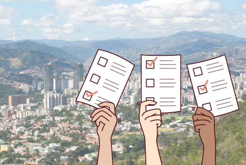 ballot papers and in the background image of Caracas