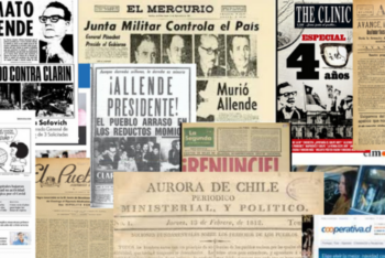 A collage of various Chilean newspapers, websites, and magazines, showcasing significant publications from the country's history. The collage includes both contemporary and historical outlets, such as "La Aurora," "El Mercurio," "La Tercera," "La Nación," and "The Clinic". Some covers highlight pivotal historical events in Chile.