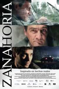 Zanahoria movie poster, with a collage showing the faces of three men