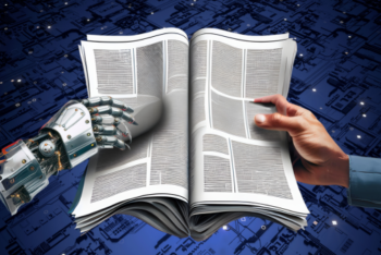 Illustration depicting a newspaper being held by a human hand from the right side and by a robot hand by the left side. (Photo: Generated by AI with Adobe Firefly