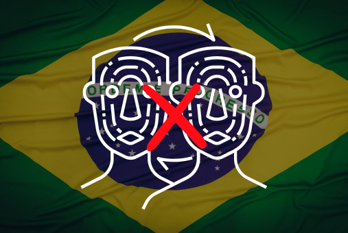 Brazilian flag in the background with two illustrations of a nondescript person in the foreground with red x over them