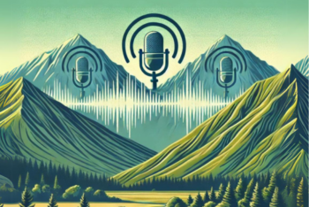 Digital illustration depicting a green valley with mountains in the background and three microphones and audio waves up in the sky.