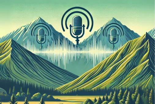 Digital illustration depicting a green valley with mountains in the background and three microphones and audio waves up in the sky.