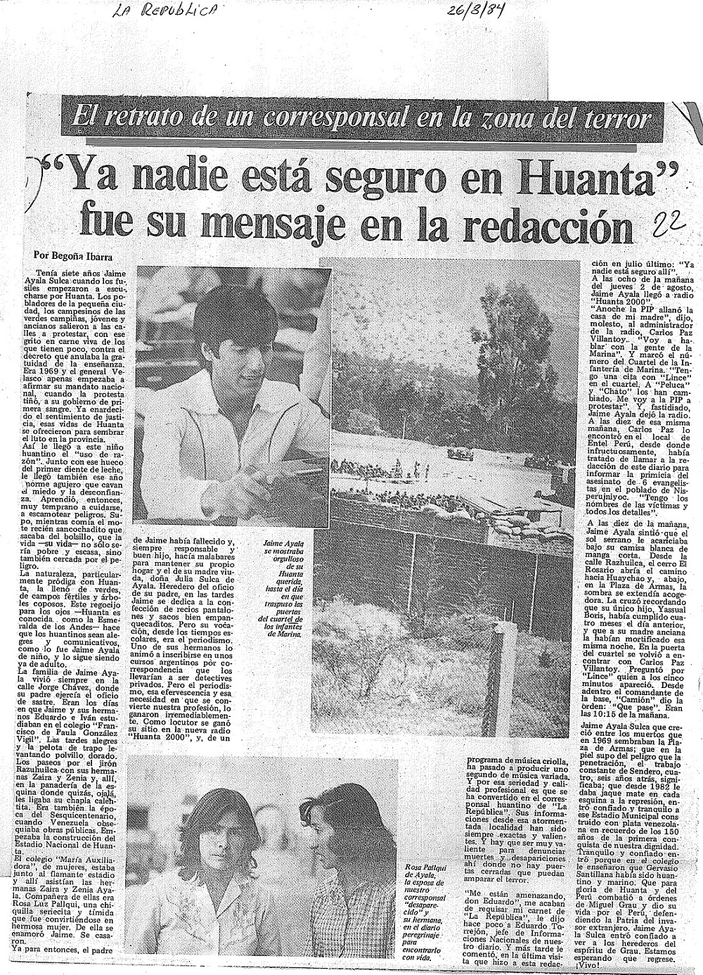 Foto de una página de periódico impresa en blanco y negro con el perfil de un periodista peruano desaparecido. 