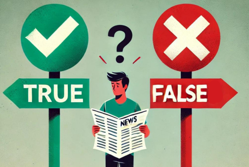 A person stands indecisively between two large symbols: a green checkmark on the left representing "true" and a red "X" on the right representing "false." The person is holding a newspaper and appears confused about which symbol to follow.