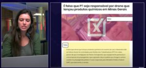 Bruna Barone, da BandNews, durante quadro de checagem nas redes sociais. Ela ressalta a ajuda dos ouvintes para identificar conteúdo passível de checagem. (Crédito: Arquivo pessoal)