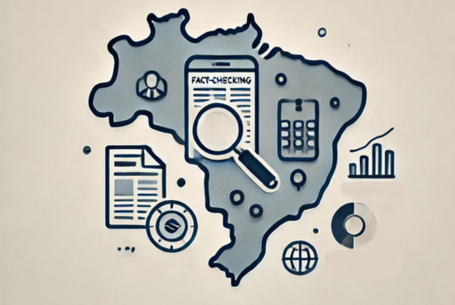 Minimalistic representation of journalistic tools for the Brazilian elections, featuring the map of Brazil with icons symbolizing transparency, technology, and media monitoring