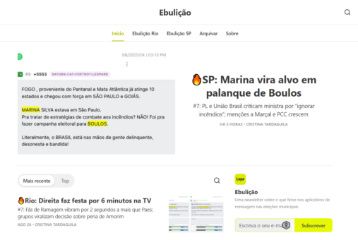 Cover of the Ebulição newsletter by Agência Lupa. The image displays a minimalist layout with a white background and black text. The main headline reads: '🔥SP: Marina becomes a target at Boulos's rally,' followed by summaries of news related to municipal elections in São Paulo and Rio de Janeiro. There is a screenshot of a WhatsApp message highlighting attacks on Minister Marina Silva and her support for candidate Guilherme Boulos."