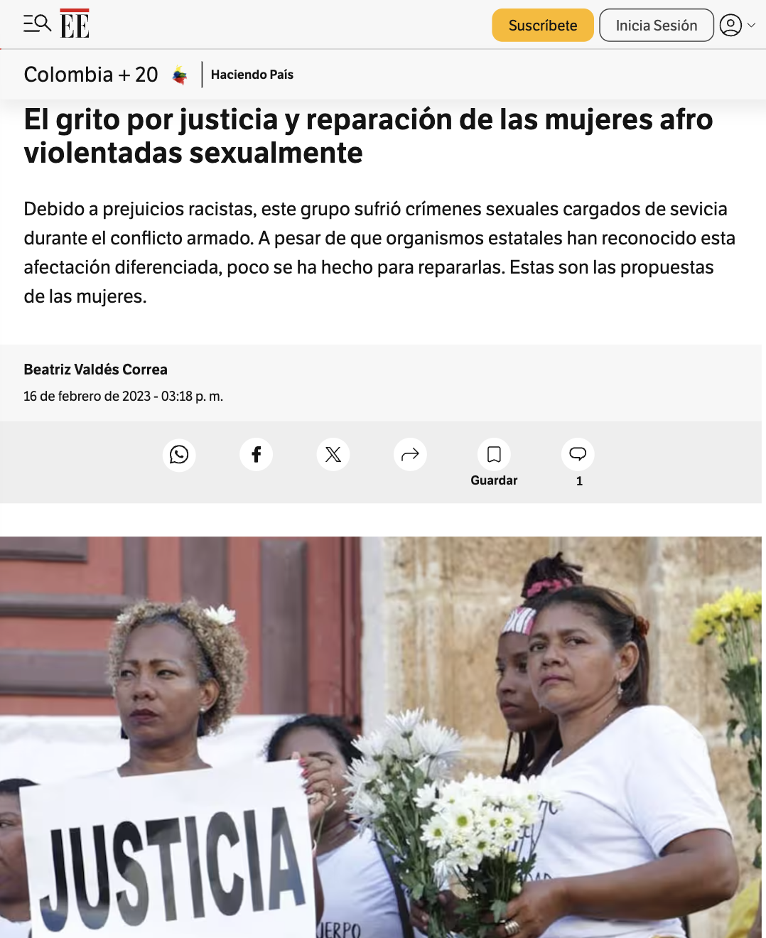 Screenshot of El Espectador newspaper's website displaying a narrative journalism article.