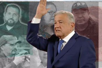 Illustration depicting Mexican President Andrés Manuel López Obrador with a wall with headshots of journalists killed as a background.