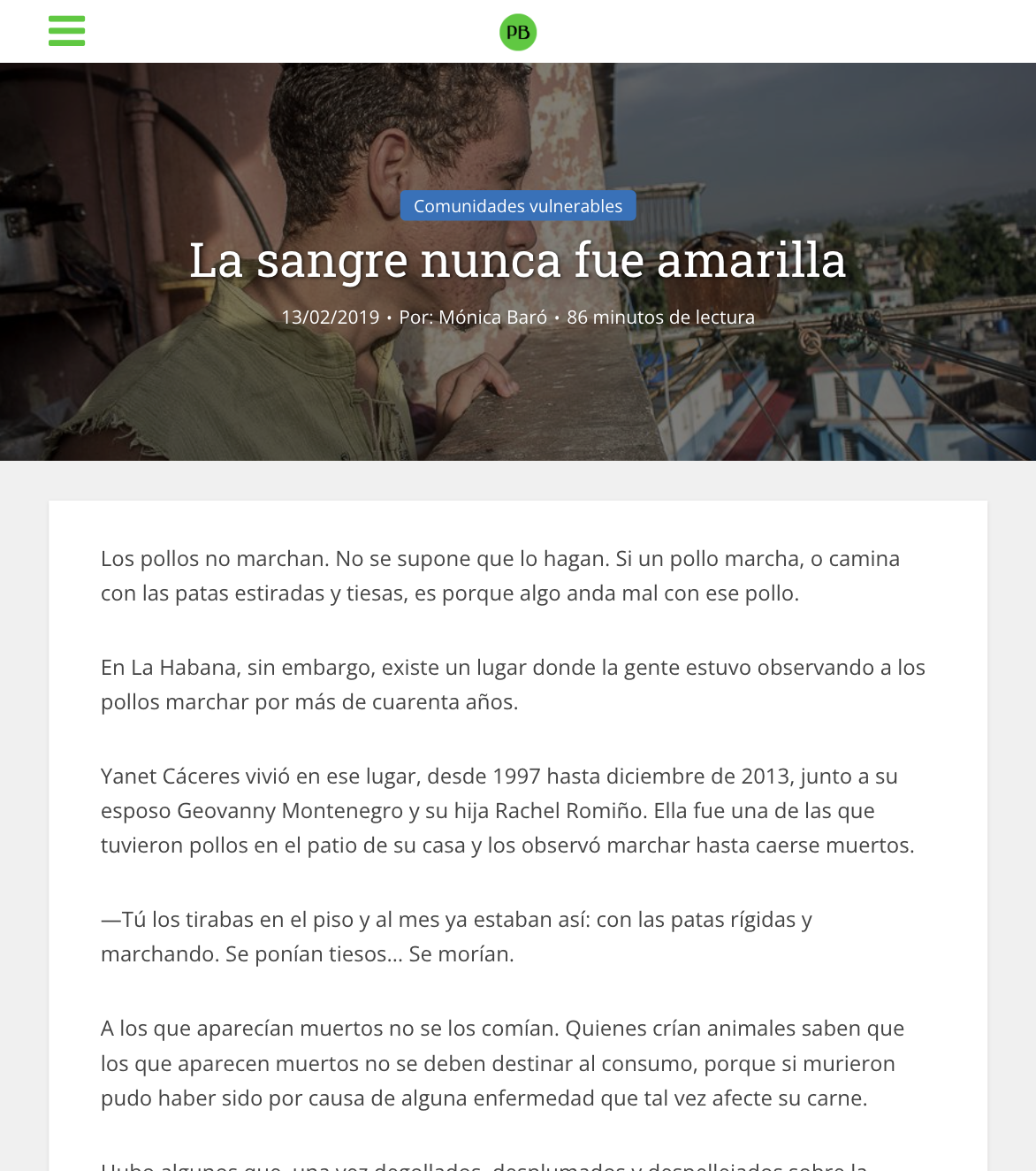 Captura de pantalla del sitio web del medio Periodismo de Barrio que muestra un artículo de periodismo narrativo.