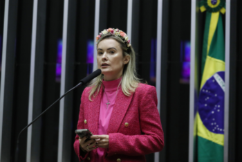 Julia Zanatta, federal deputy from Santa Catarina, dressed in pink with a crucifix on her chest and a flag in the background, inside the Chamber of Deputies