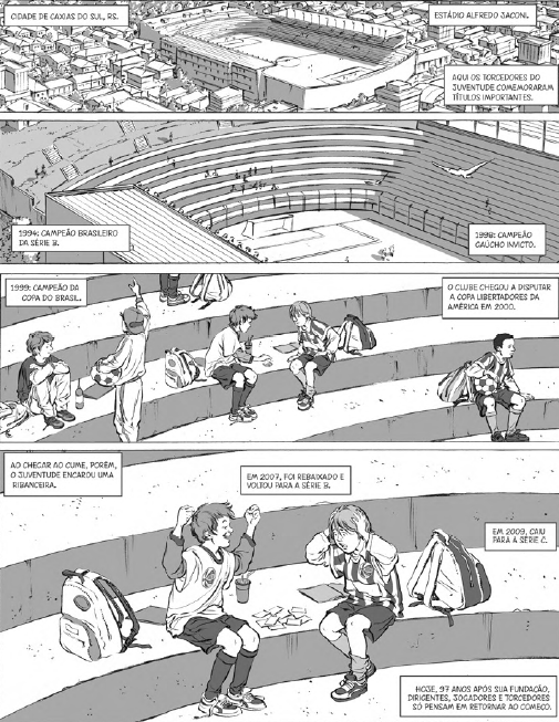  The page has four panels, zooming in progressively on a soccer stadium. The final panel focuses on two boys sitting in the bleachers, talking about the Juventude soccer team.