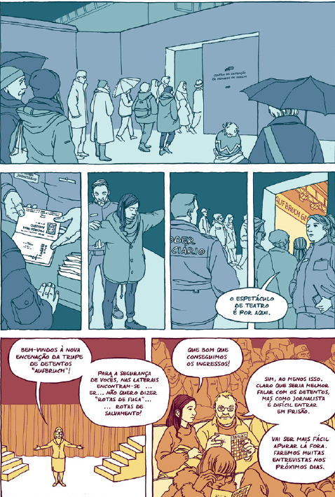 A page from the comic In Front of the Bars, written by Augusto Paim and illustrated by Bea Davies. The page is divided into three rows of panels. The first two rows, in blue tones, depict a prison security check. The last row, in yellow tones, shows a theater company performing inside the prison.