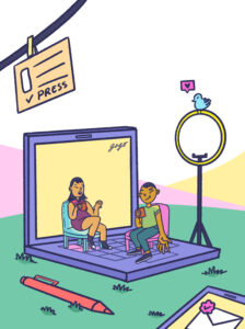 Illustration of two people sitting in chairs on top of a laptop