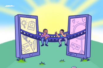 Illustration of two people on a bridge between two smartphones