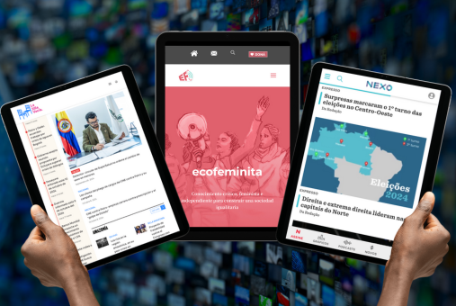 Three electronic tablets displaying news media websites. (Photo: Screenshots and Canva)