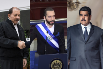 A collage featuring five political figures from Latin America: President Daniel Ortega of Nicaragua, President Nayib Bukele of El Salvador, President Nicolás Maduro of Venezuela.