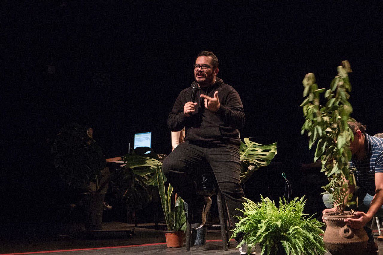 Mexican journalist Marcos Vizcarra speaks during the stage production “The journalists tell”, in Mexico City.