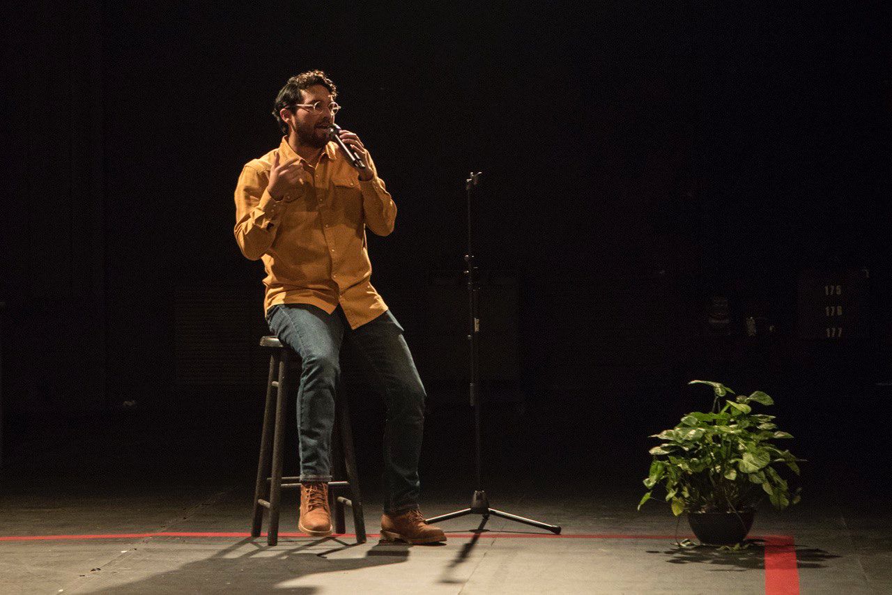 Mexican journalist Carlos Manuel Juárez speaks during the stage production “The journalists tell”, in Mexico City.