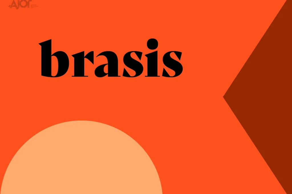 An orange graphic design with the word 'Brasis' in bold, black letters at the center. The background features abstract geometric shapes, including a large beige circle in the bottom left and a brown diamond shape on the right.