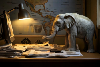 Illustration of a desk with newspapers on it, an elephant sculpture, a computer and a lamp, with a map of Latin America on the wall in the background.