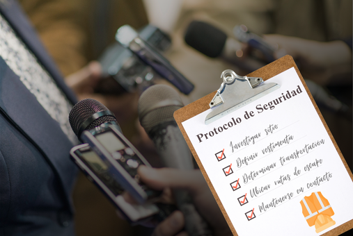 A checklist on a board with a background of microphones and voice recorders during reporters interviews to a man.